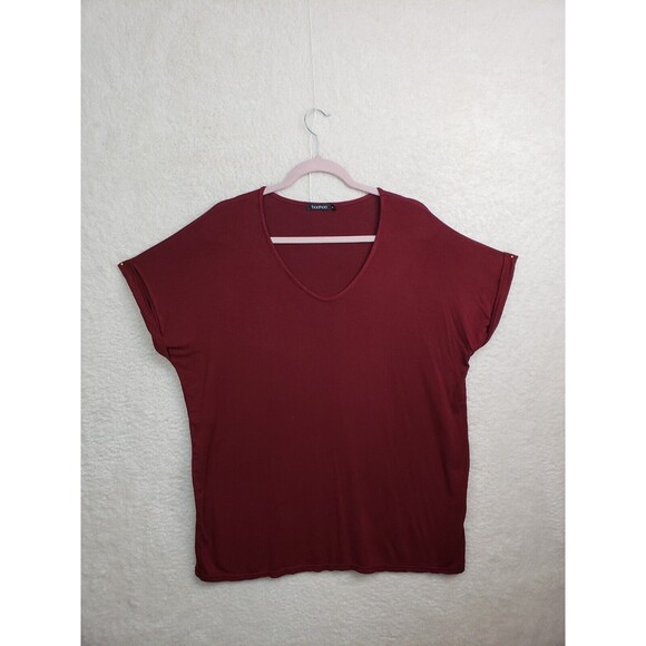 Boohoo Women Top 8/10 Burgundy Viscose Blend Short Sleeve Loose Fit Casual Shirt - Picture 1 of 16